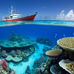 "A vibrant coral reef in the Marshall Islands, teeming with colorful fish and marine life. Clear blue water surrounds the reef, showcasing its importance as a habitat. In the background, a research vessel is visible, with scientists studying the coral. The image should convey the beauty and fragility of the ecosystem and the importance of scientific research."