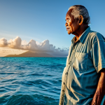 A weathered Marshallese elder fisherman, fully clothed in modest, practical island attire, stands with a contemplative expression on a traditional wooden fishing boat. The background shows the vast, serene Pacific Ocean under a dramatic sky, with subtle visual hints of a changing marine environment, like slightly faded coral structures visible through crystal-clear water or unusually calm currents. The lighting is soft and reflective, depicting either sunrise or sunset, emphasizing a sense of resilience and deep connection to the ocean's heritage despite the subtle challenges. Safe for work, appropriate content, fully clothed, family-friendly, perfect anatomy, correct proportions, natural pose, well-formed hands, proper finger count, natural body proportions, professional photography, high quality.