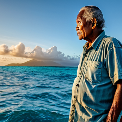 A weathered Marshallese elder fisherman, fully clothed in modest, practical island attire, stands with a contemplative expression on a traditional wooden fishing boat. The background shows the vast, serene Pacific Ocean under a dramatic sky, with subtle visual hints of a changing marine environment, like slightly faded coral structures visible through crystal-clear water or unusually calm currents. The lighting is soft and reflective, depicting either sunrise or sunset, emphasizing a sense of resilience and deep connection to the ocean's heritage despite the subtle challenges. Safe for work, appropriate content, fully clothed, family-friendly, perfect anatomy, correct proportions, natural pose, well-formed hands, proper finger count, natural body proportions, professional photography, high quality.