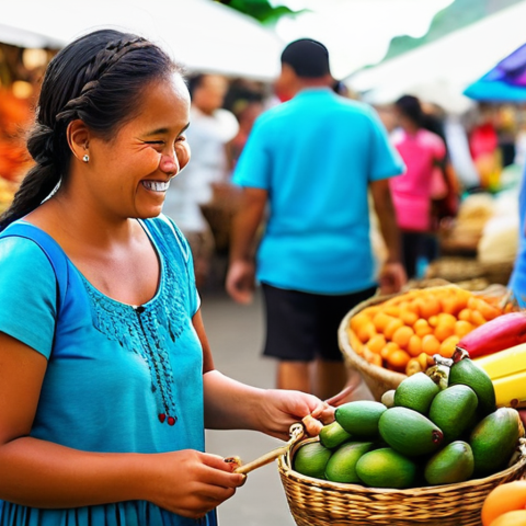 마셜 제도 여행 중 긴급 상황 대처법 - **Cultural Exchange at a Local Market:** A friendly, respectful interaction between a female tourist...