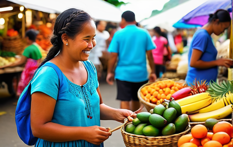 마셜 제도 여행 중 긴급 상황 대처법 - **Cultural Exchange at a Local Market:** A friendly, respectful interaction between a female tourist...