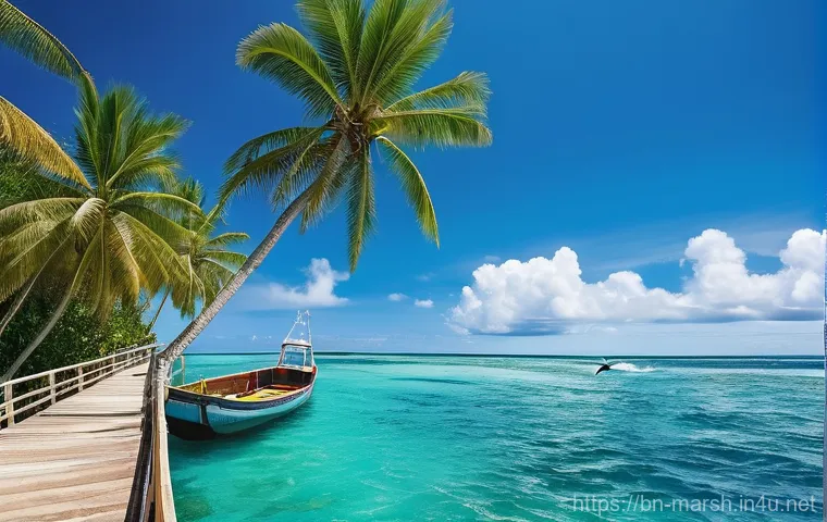 마셜 제도에서의 교통수단 - A Thrilling Island Hopping Sea Journey**
A vibrant, wide-angle shot from the deck of a small, open-a...