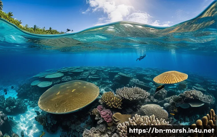 마셜 제도에서의 해양 보호 활동 - A vibrant underwater scene showcasing the coral reef of the Marshall Islands suffering from coral bl...
