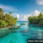 마셜 제도 원주민의 삶 - A vibrant coastal scene of Marshall Islands indigenous fishermen respectfully fishing at dawn, weari...