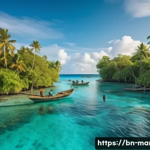 마셜 제도 원주민의 삶 - A vibrant coastal scene of Marshall Islands indigenous fishermen respectfully fishing at dawn, weari...