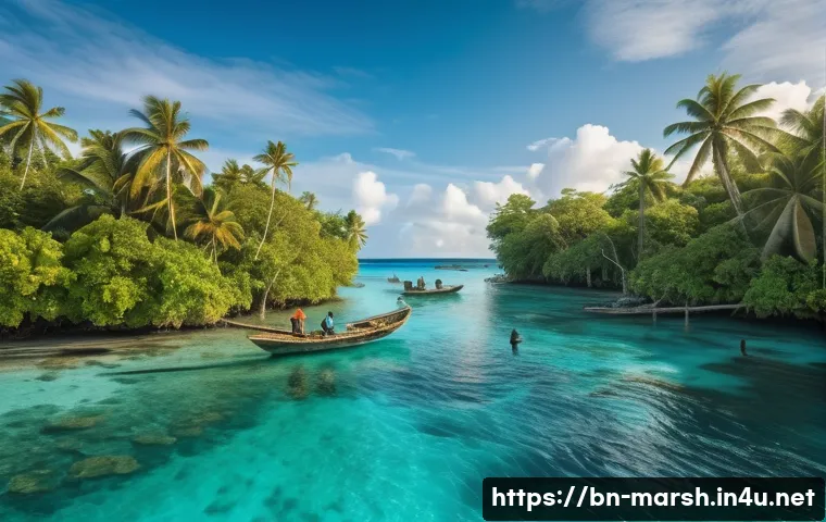 마셜 제도 원주민의 삶 - A vibrant coastal scene of Marshall Islands indigenous fishermen respectfully fishing at dawn, weari...