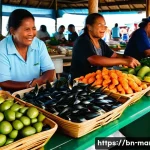 마셜 제도 로컬 마켓 탐방 - A vibrant local market scene in the Marshall Islands, featuring colorful stalls with fresh seafood l...
