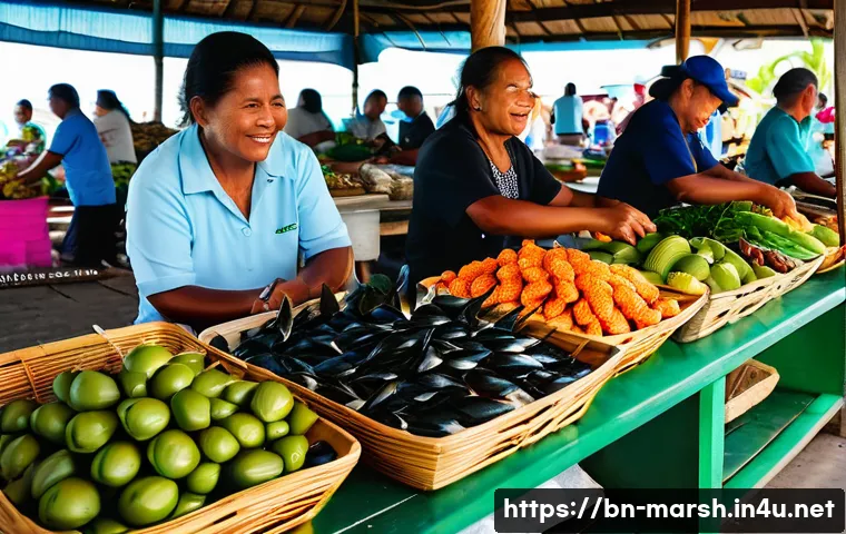 마셜 제도 로컬 마켓 탐방 - A vibrant local market scene in the Marshall Islands, featuring colorful stalls with fresh seafood l...