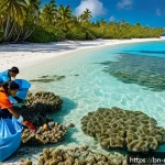 마셜 제도에서의 자원 봉사 활동 기회 - A vibrant coastal cleanup scene on the Marshall Islands featuring diverse volunteers in casual cloth...