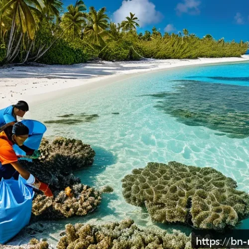 마셜 제도에서의 자원 봉사 활동 기회 - A vibrant coastal cleanup scene on the Marshall Islands featuring diverse volunteers in casual cloth...