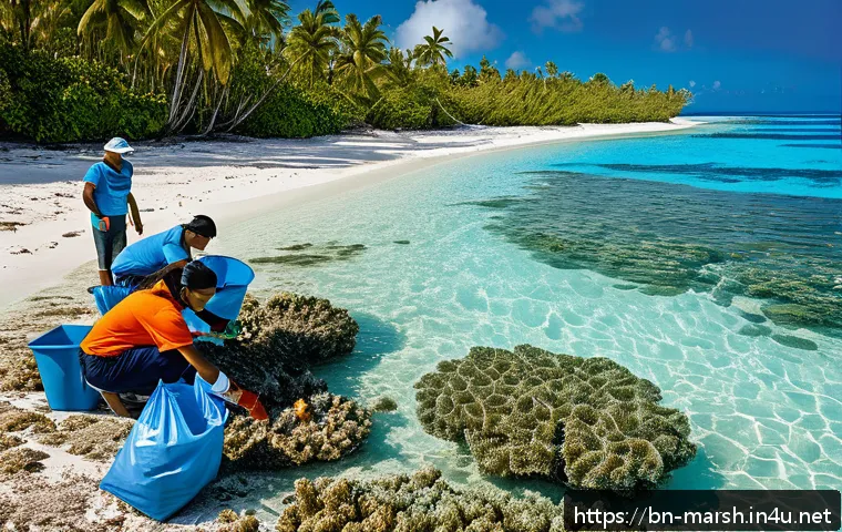 마셜 제도에서의 자원 봉사 활동 기회 - A vibrant coastal cleanup scene on the Marshall Islands featuring diverse volunteers in casual cloth...
