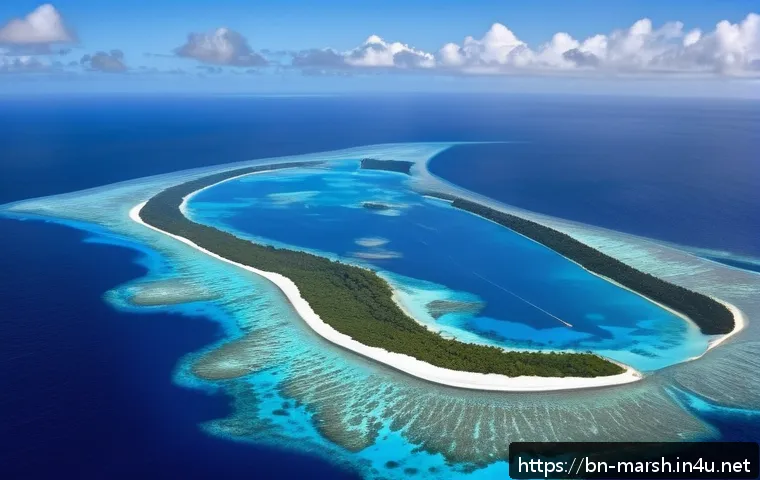 마셜 제도와 미국 관계 - A detailed aerial view of the Marshall Islands in the central Pacific Ocean, showcasing its strategi...