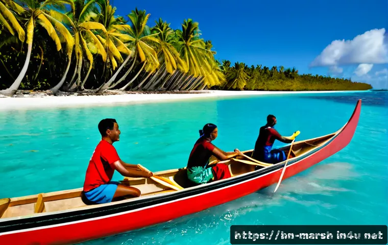 마셜 제도에서 경험할 수 있는 축제 - Photorealistic Marshall Islands lagoon festival with a traditional outrigger canoe race, several sle...