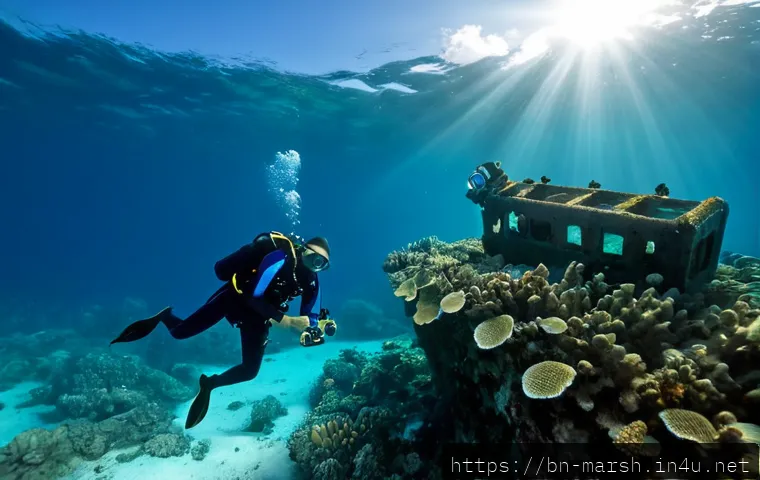 Home 17 마셜 제도에서 발견된 해저 보물 및 난파선 - Photorealistic underwater view of a World War II shipwreck resting on a coral reef in the Marshall I...